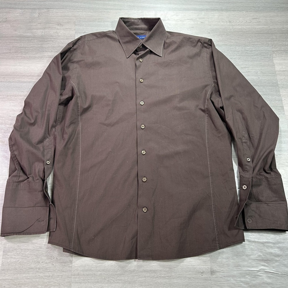 Georg Roth Dress Shirt Mens L 16.5 34/35‎ Brown Solid Stretch Cotton Long Sleeve